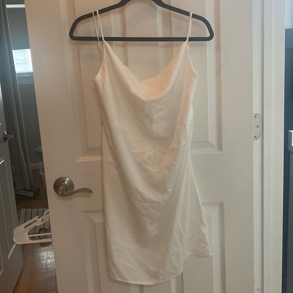 White cowl neck mini dress